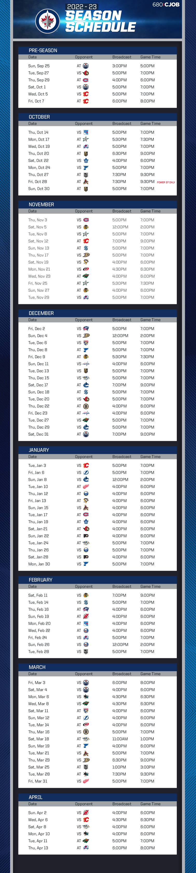 Winnipeg Jets 202223 Schedule