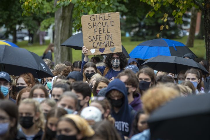 Queen's University student organize a walkout to protest sexual assault on campuses and in support of the victims of sexual assault at Western University, in Kingston, Ontario, on Monday September 27, 2021. 