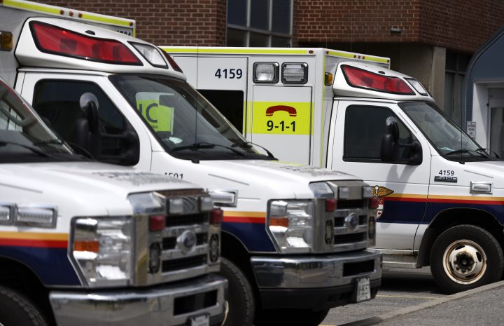 Ambulances are parked outside the Emergency Department at the Ottawa Hospital Civic Campus in Ottawa on Monday, May 16, 2022. 