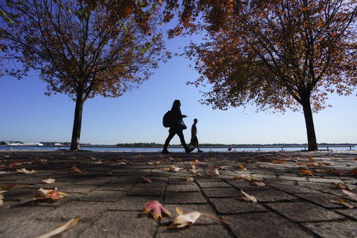People are seen in silhouette while walking along the shore of Lake Ontario, underneath a canopy of fall leaves, on Wednesday, Oct. 5, 2022. 