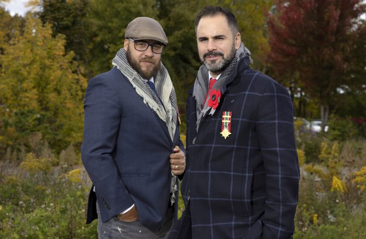 Chris Dupee (left) and  Nikolas Harper are photographed in Newmarket, Ontario, on Friday, October 7, 2022.The  two veterans are running for council in their local areas, and put poppies on their campaign signs to denote their status as veterans. They  have since been told to take them down by the Legion. 