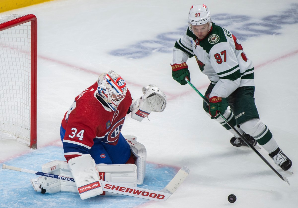 Minnesota Wild’s Kirill Kaprizov moves in on Montreal Canadiens goaltender Jake Allen during second period NHL hockey action in Montreal, Tuesday, October 25, 2022. 