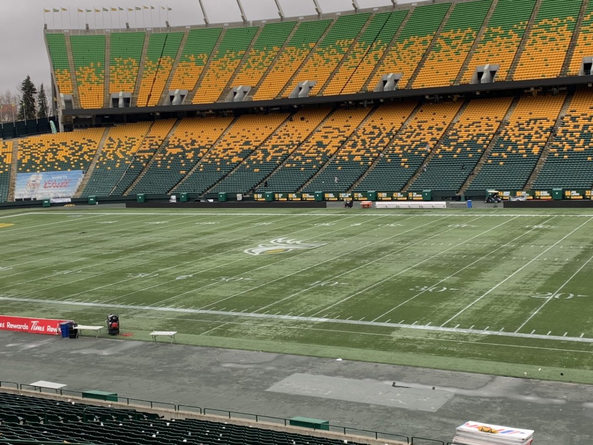 Commonewalth Stadium on a drizzly day in Edmonton