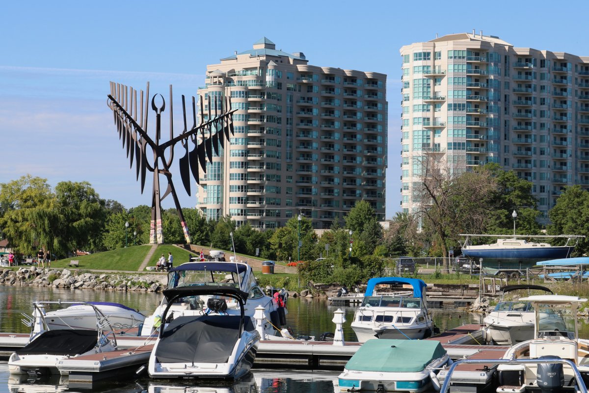 Spirit Catcher and harbour along waterfront in Barrie Ont., Aug. 14, 2022