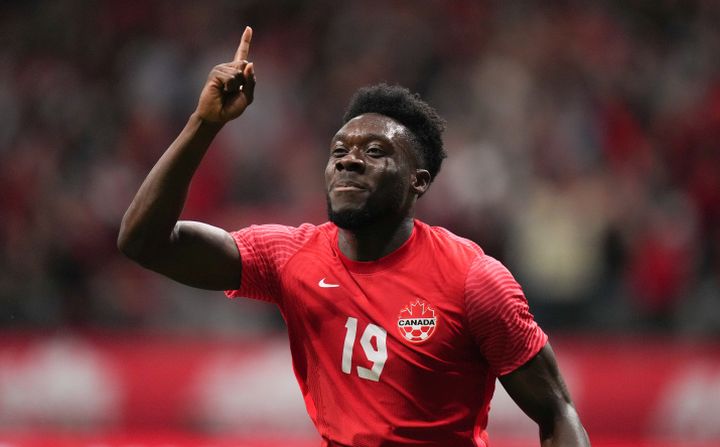 Canada's Alphonso Davies celebrates his penalty kick goal against Curacao during the first half of a CONCACAF Nations League soccer match, in Vancouver, on Thursday, June 9, 2022. 