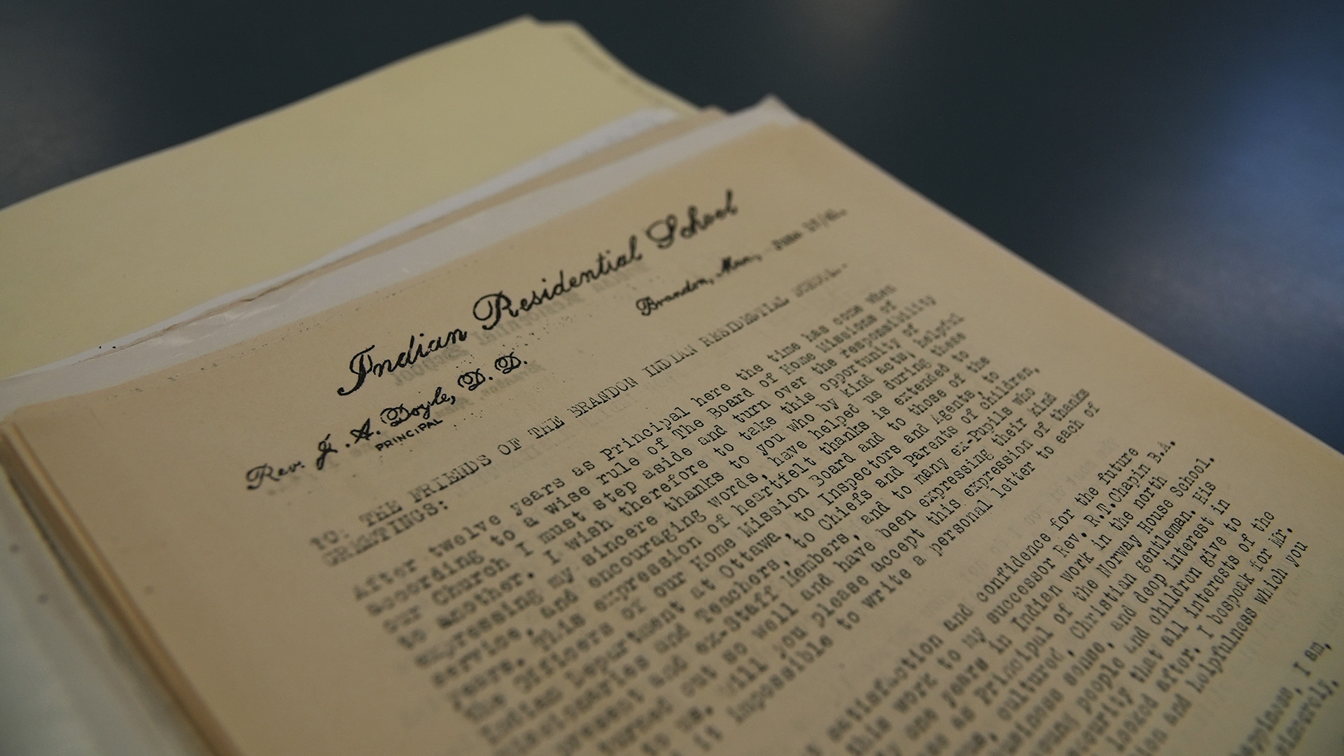A letter from a principal of the Brandon Residential School.
