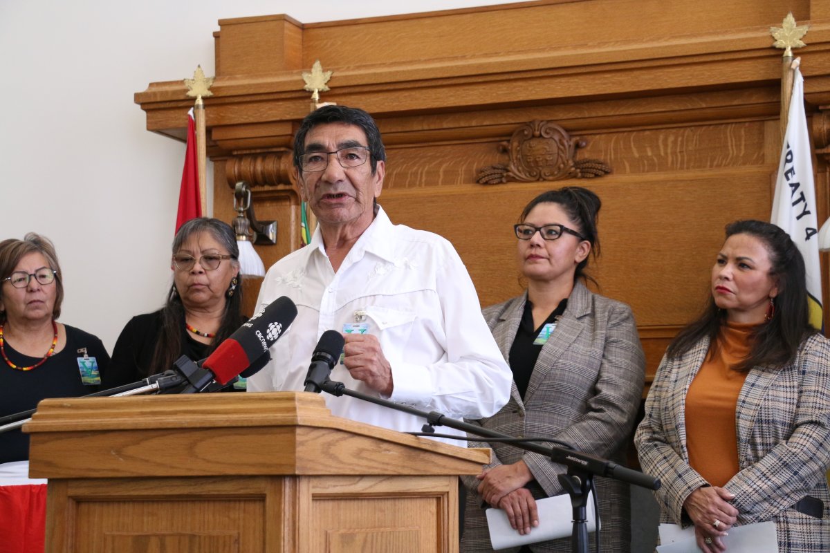 Onion Lake Cree Nation Chief Henry Lewis and Sask. MLA Betty Nippi-Albright call for the province to codify Duty to Consult consultations and to implement legislation of policy on Tuesday, Oct. 18, 2022.