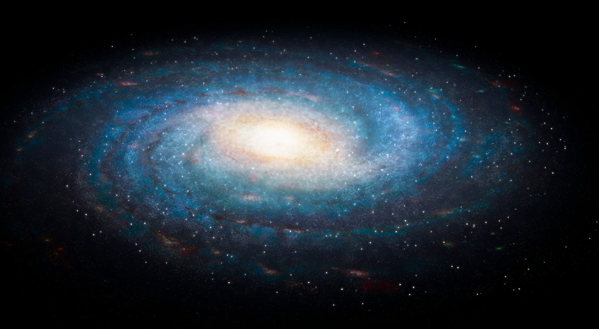 Illustration of our galaxy, the Milky Way seen obliquely, with the arms and the central bar in their approximate known locations.