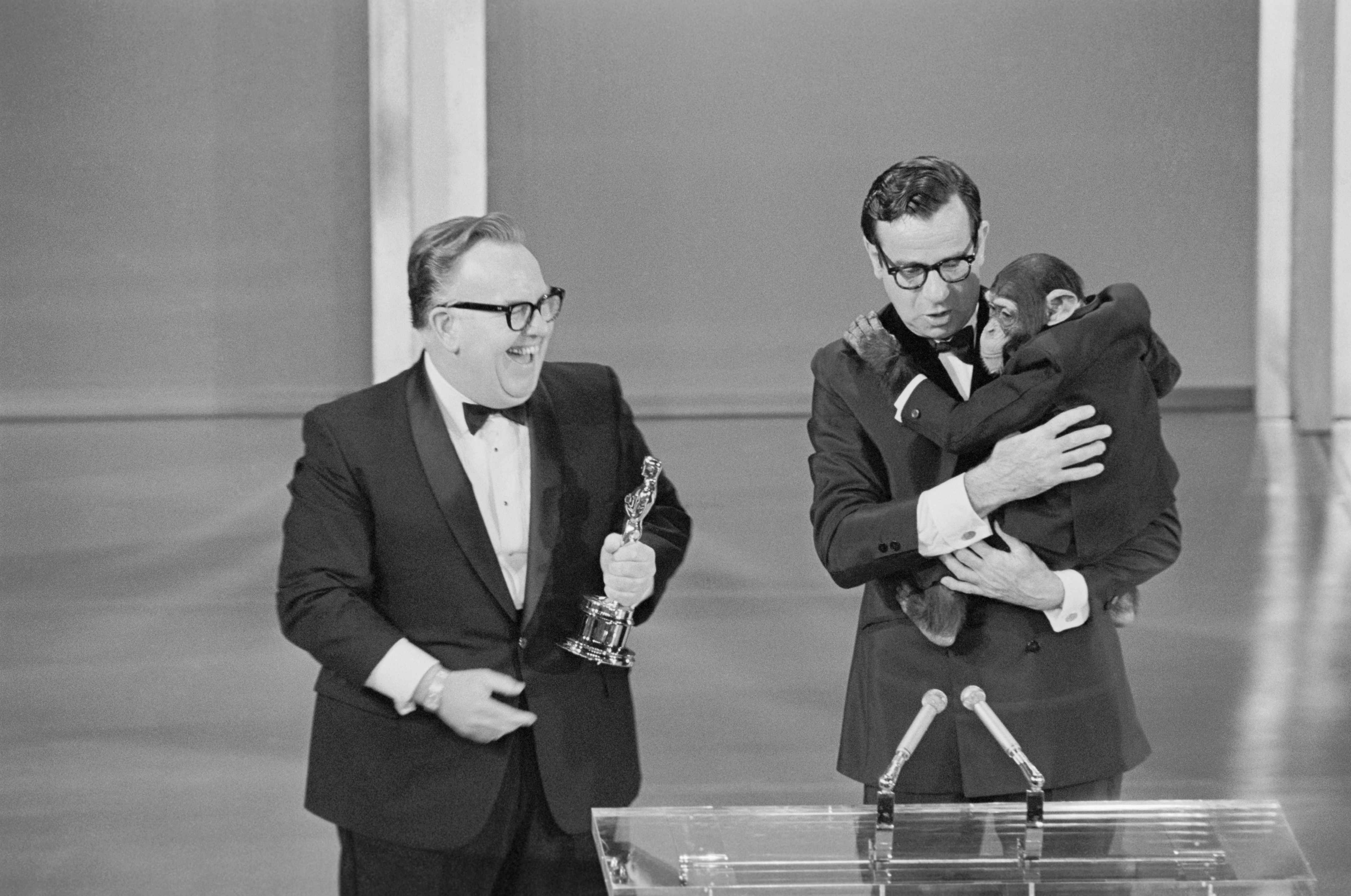 John Chambers accepts a special Oscar for his achievement in creating the makeup for the cast of Planet Of The Apes.