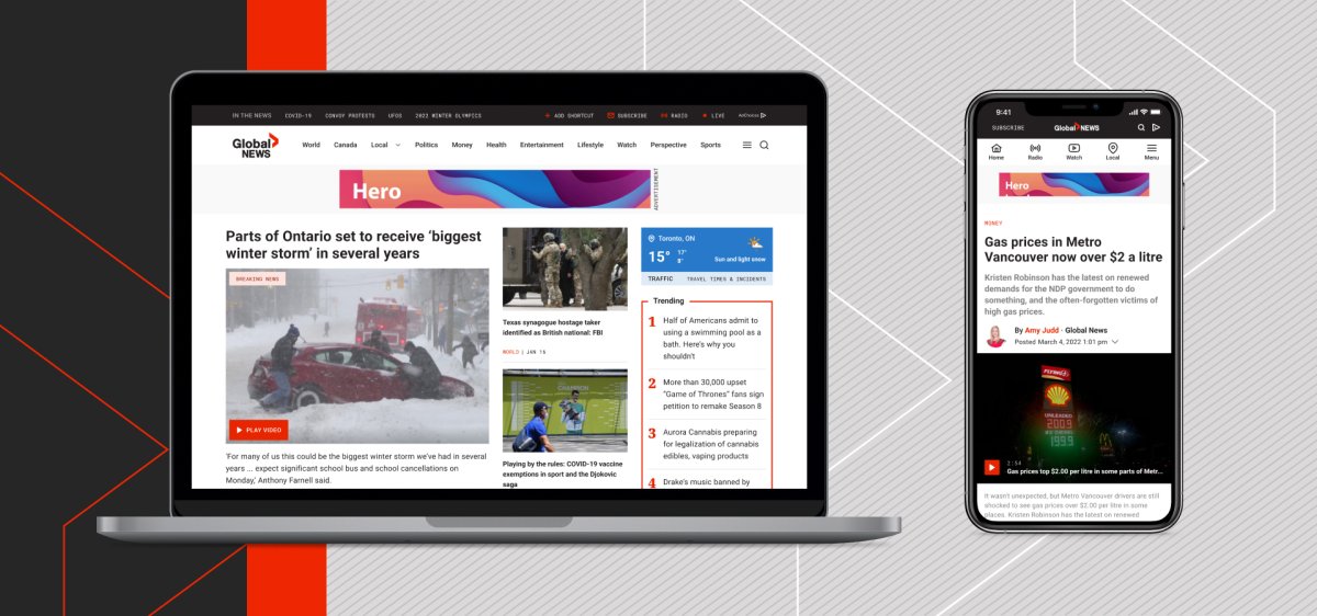 Global News rebrand on desktop and mobile view