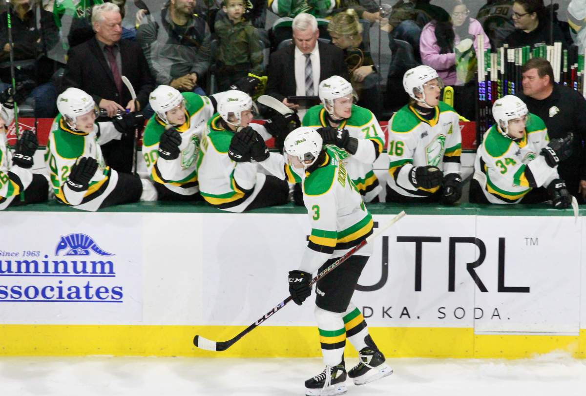 Sam Dickinson celebrates his first OHL goal.