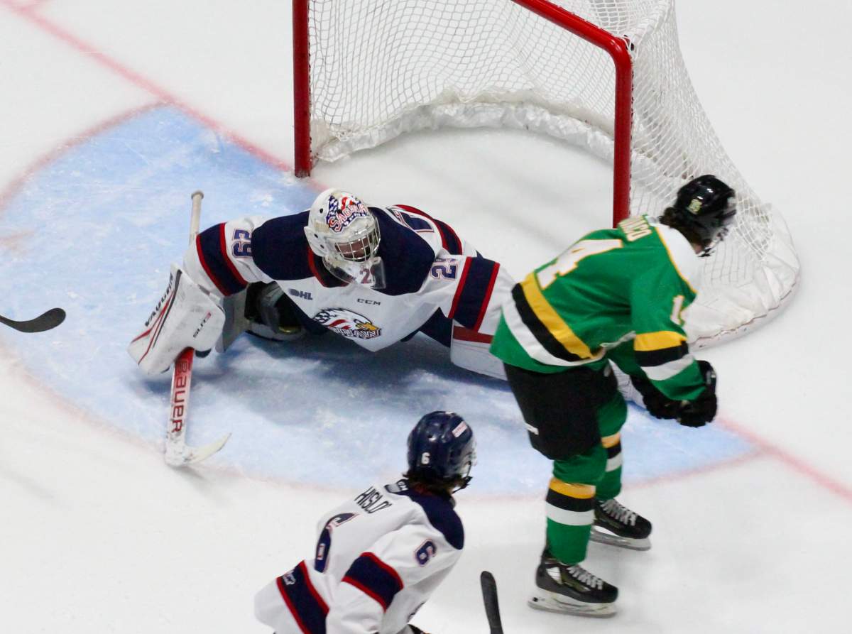 George Diaco scores a goal for the London Knights.