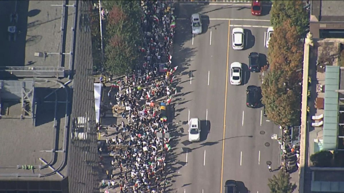 Thousands of people were seen on Saturday in downtown Vancouver for a rally in support of ongoing protests in Iran.