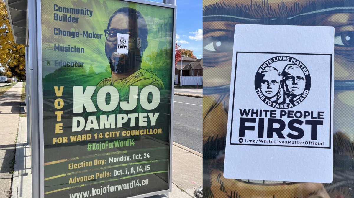 Left: A photo of a bus shelter advertisement that has a picture of Kojo Damptey's face and his name, along with messaging about his campaign. Right: A close-up of the white supremacist sticker that was placed over Kojo's face.