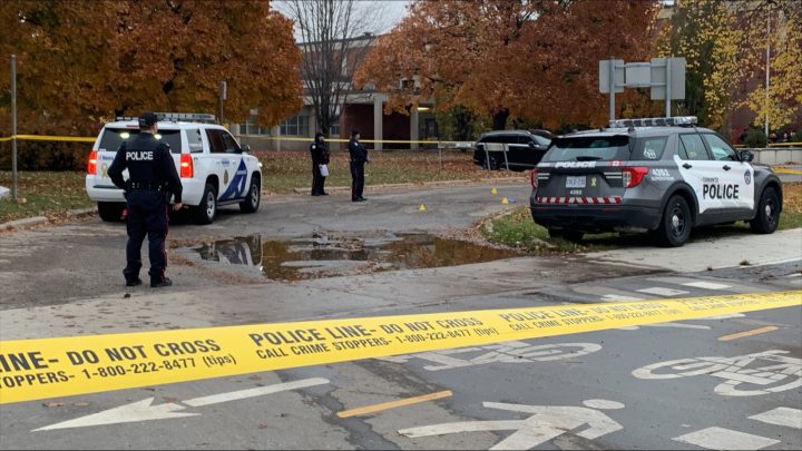 Police at Woburn Collegiate Institute on Oct. 31 after a fatal shooting.