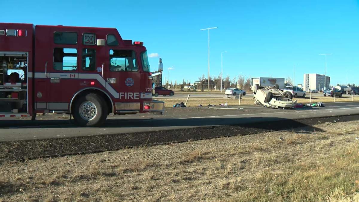 Emergency crews respond to a fatal crash on Gateway Blvd just south of Ellerslie Road on Thursday, Oct. 20, 2022.