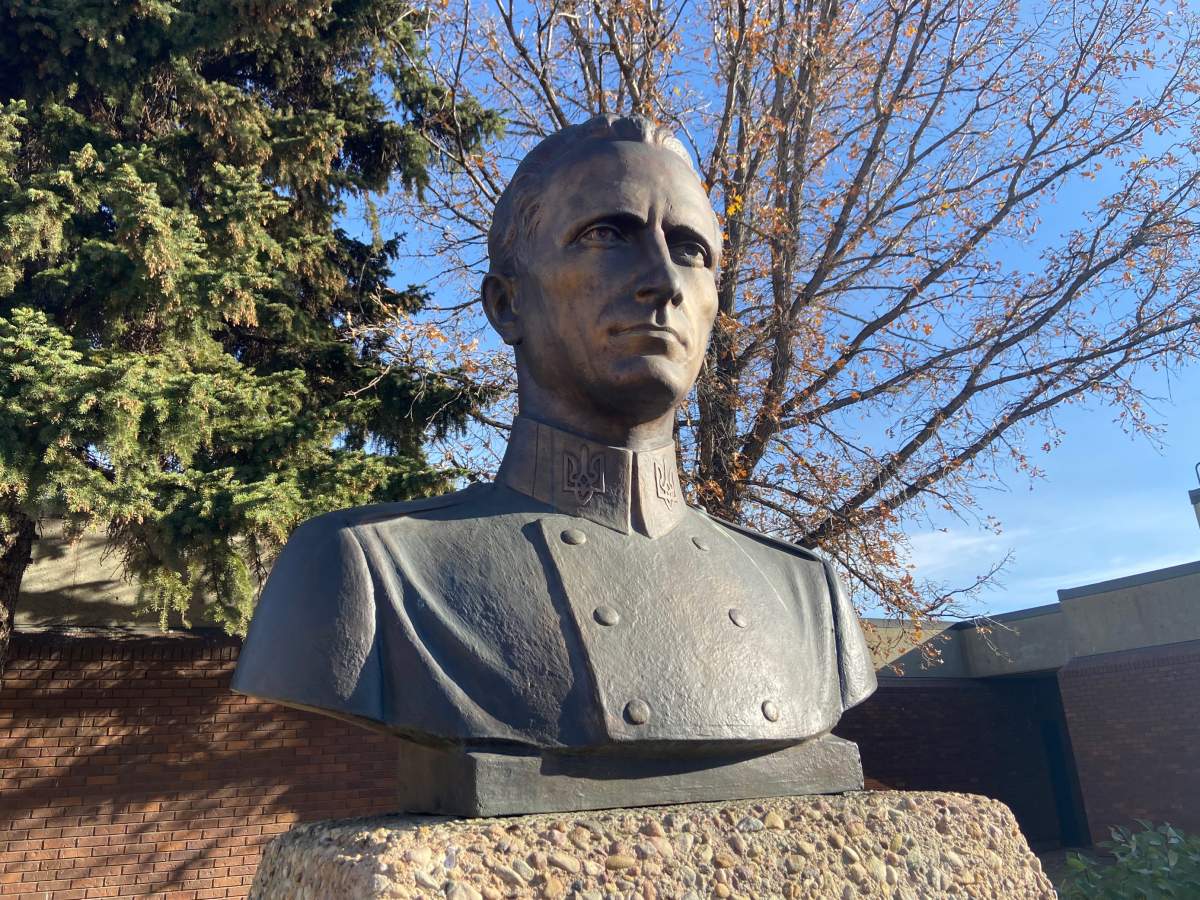Statue of Roman Shukhevych in the Ukrainian Youth Unity Complex in Edmonton. Oct. 26, 2022.