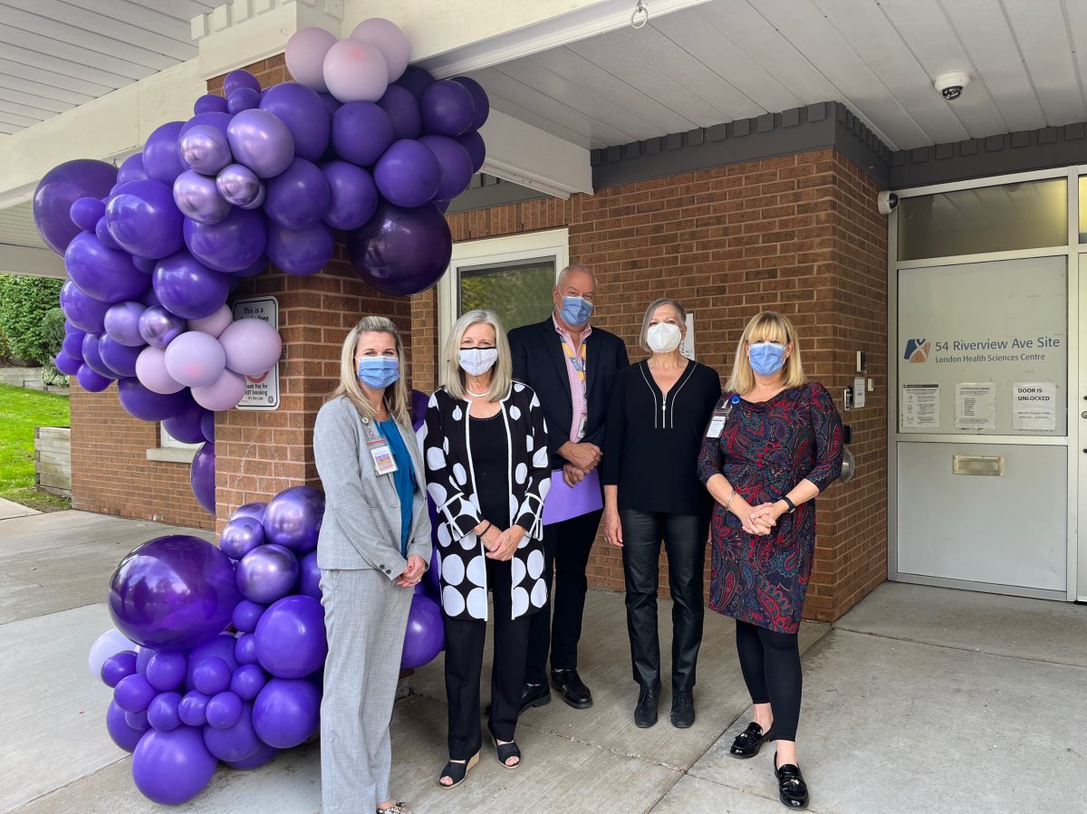 From left to right: LHSC director of health disciplines Lisa Higgins, CMHA CEO Beth Mitchell, LHSC corporate hospital administrative executive Brad Campbell, former AEDS patient Jocelyn Rasmussen and AEDS nurse practitioner Elizabeth Phoenix. 