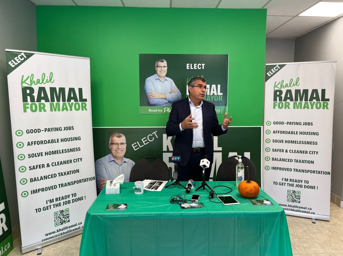 Mayoral candidate Khalil Ramal addresses reporters during a news conference inside his campaign office in south London, Ont.