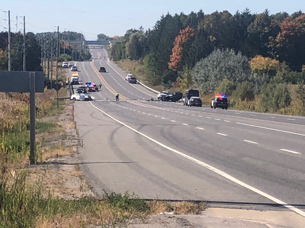 Police close off Highway 7 in Whitby following a four-vehicle collision.