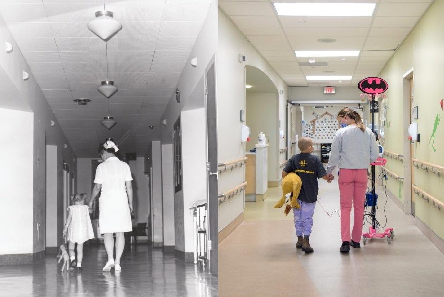 On the left is a photo taken inside the walls of the War Memorial Children’s Hospital in 1922 and on the right is a re-creation taken this year at the current Children’s Hospital.