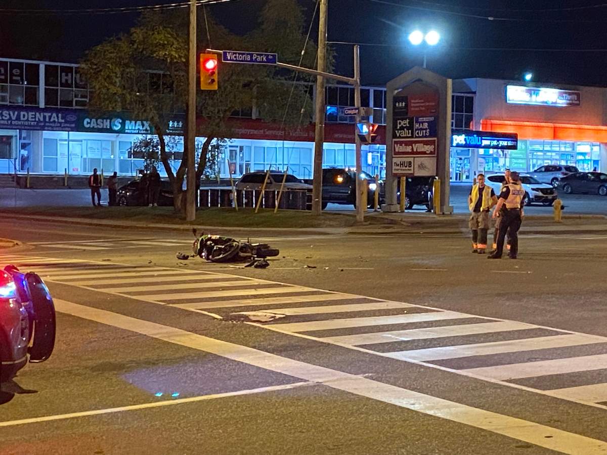 A motorcycle rider was taken to hospital after a collision in the area of Victoria Park Avenue and Craigton Drive.