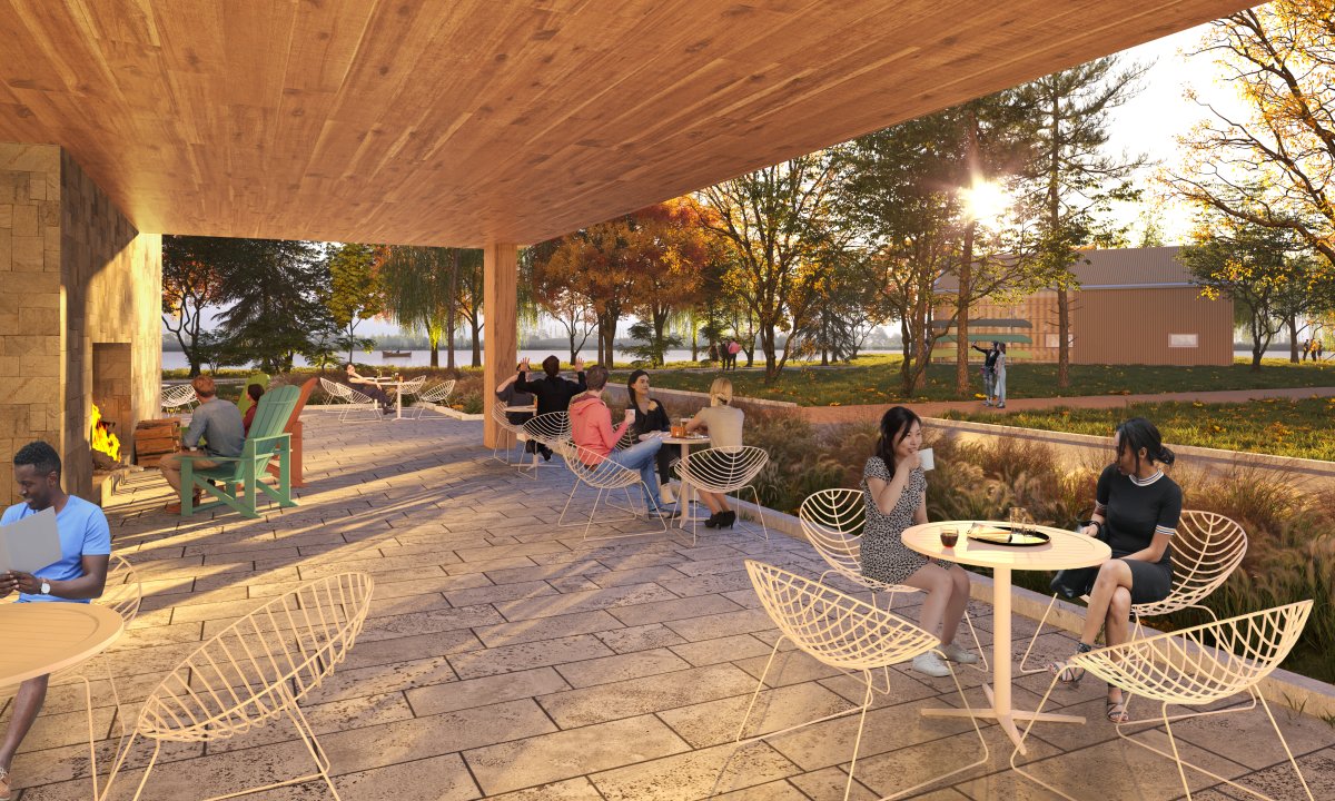 Directly off the museum's café is a covered outdoor terrace where visitors can enjoy a beverage and a snack while taking in lakefront views.