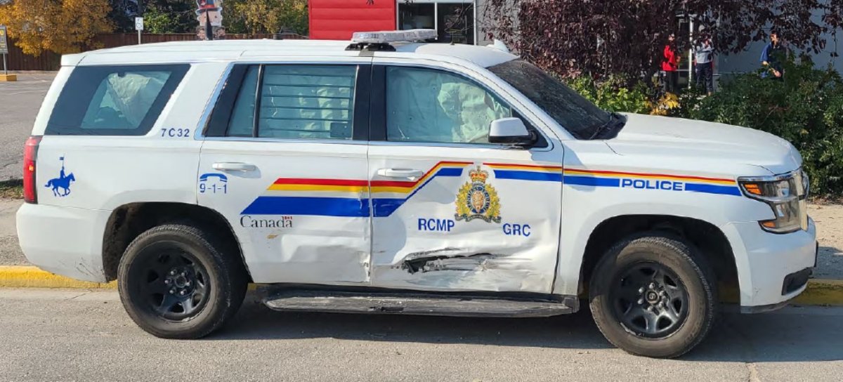 Photo of the RCMP police car that crashed in The Pas, Manitoba on Oct 4.