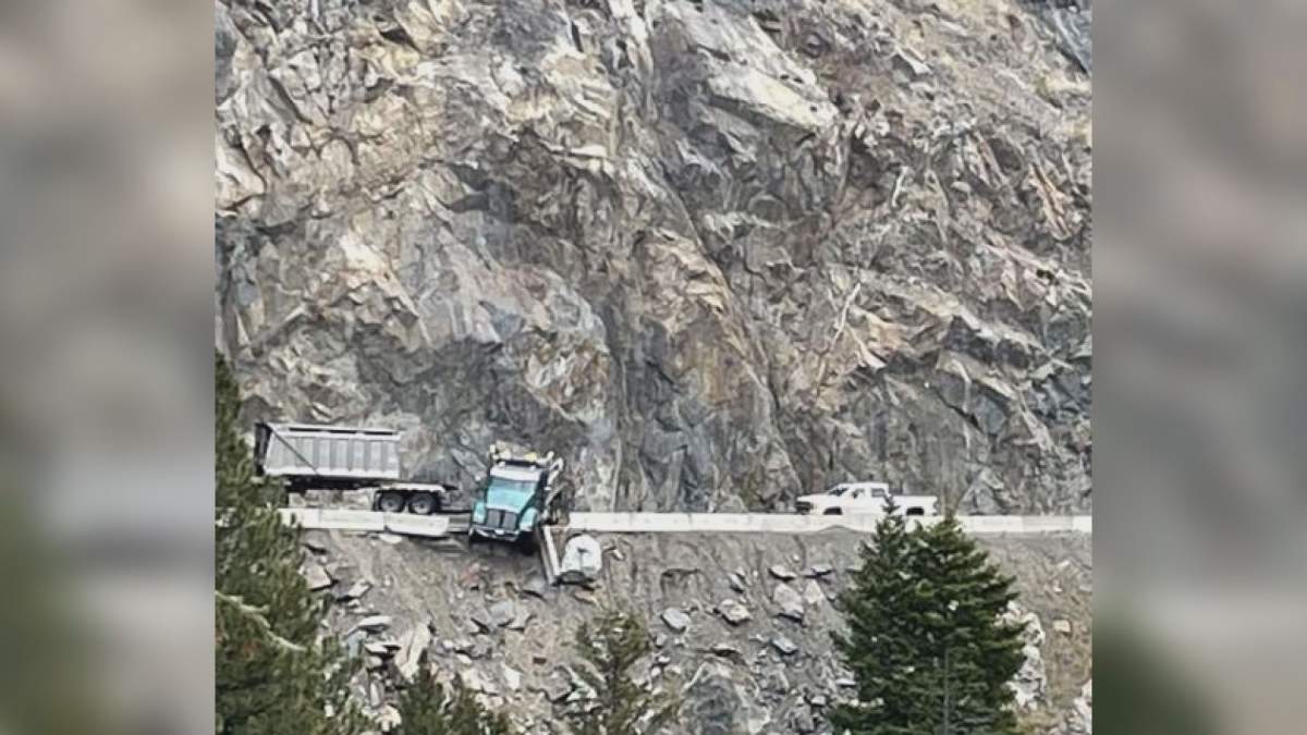 Semi-truck crashes into barricade on Highway 3 near Princeton. (Oct. 22, 2022).