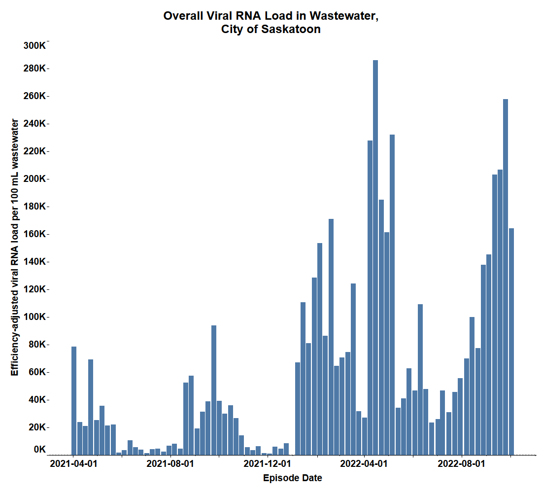 The overall viral RNA load found in the wastewater in Saskatoon.