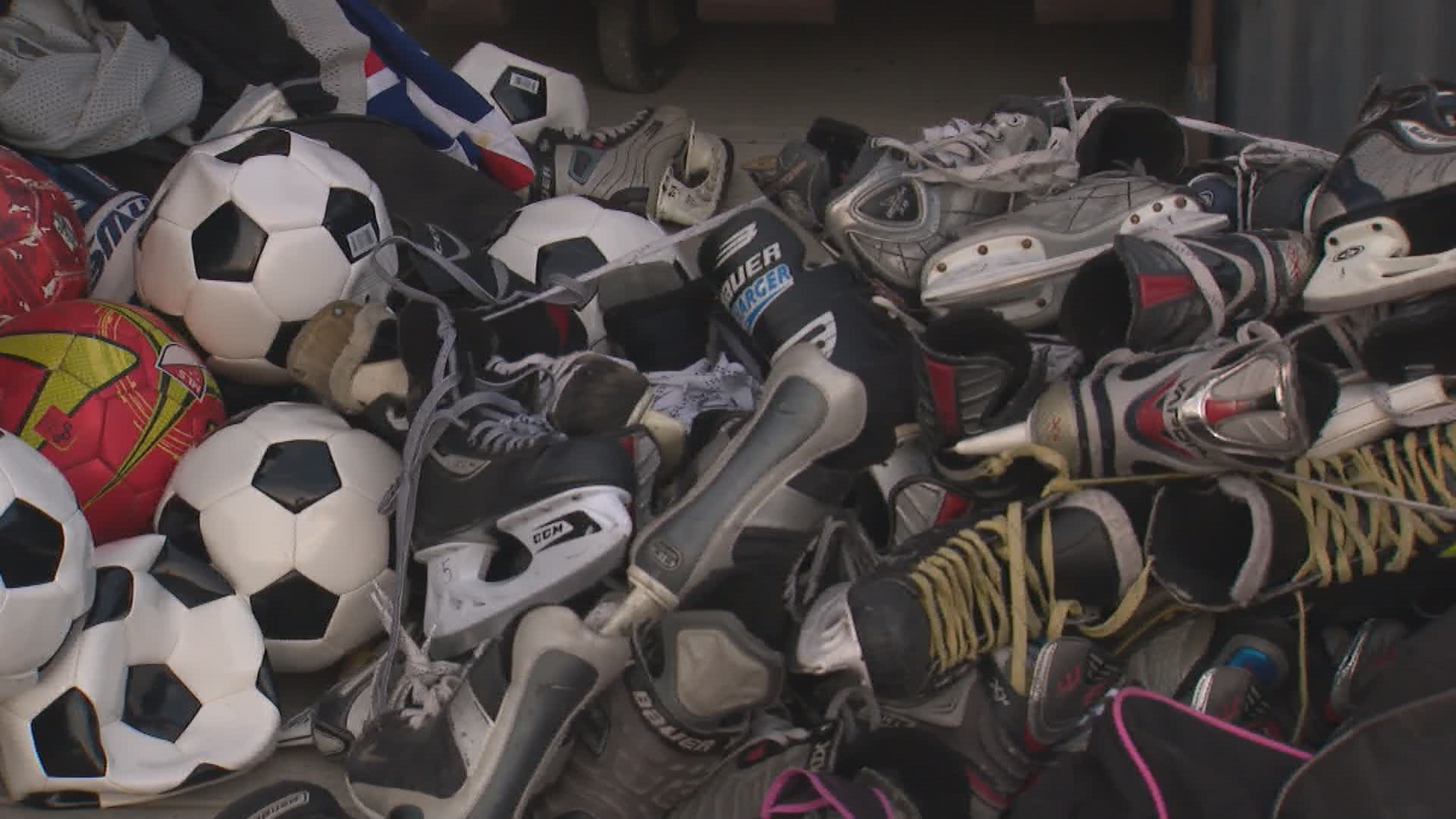 Skates, soccer balls, helmets and jerseys were among items found.