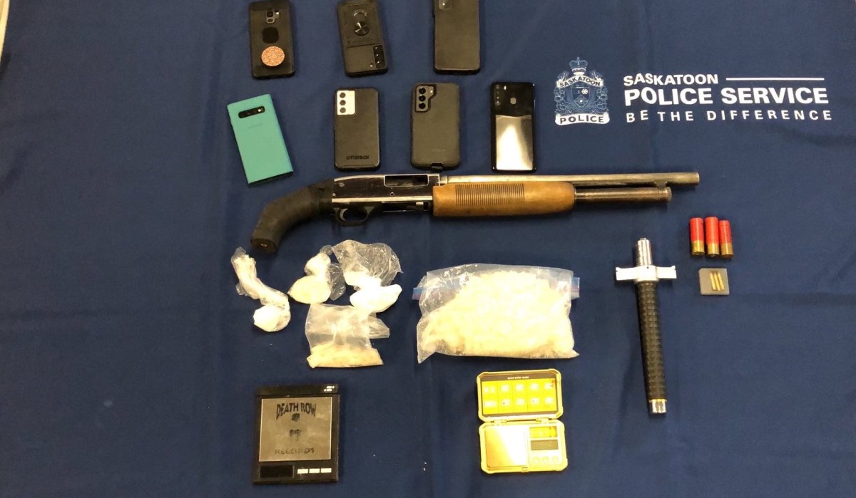 Four people faces charges following a high-risk traffic stop in Saskatoon where police seized a large amount of meth, cocaine, paraphernalia, and weapons.