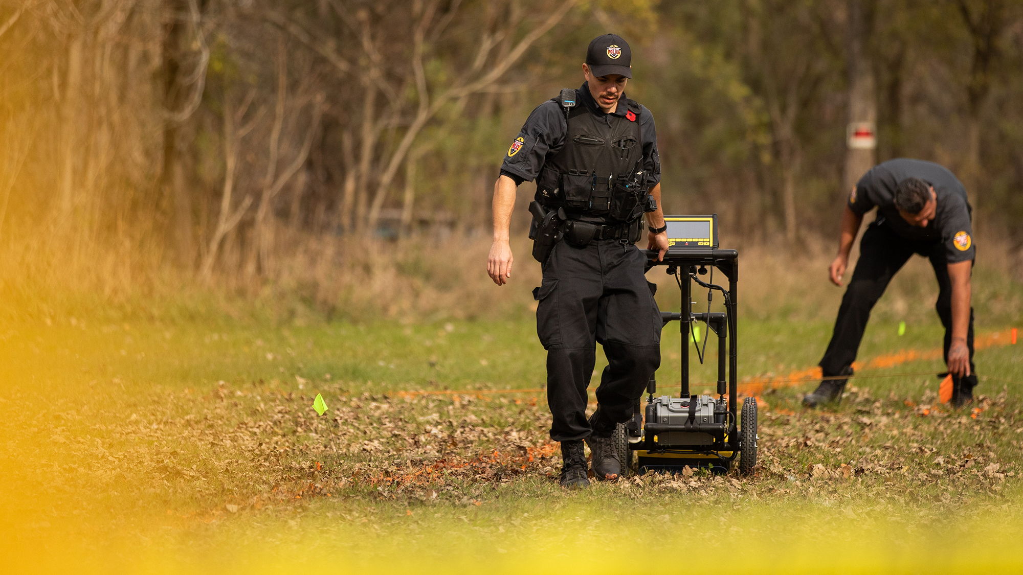 Members of the Six Nations Police conduct a search for unmarked graves using ground-penetrating radar at the Mohawk Institute in Brantford, Ont., Tuesday, November 9, 2021.