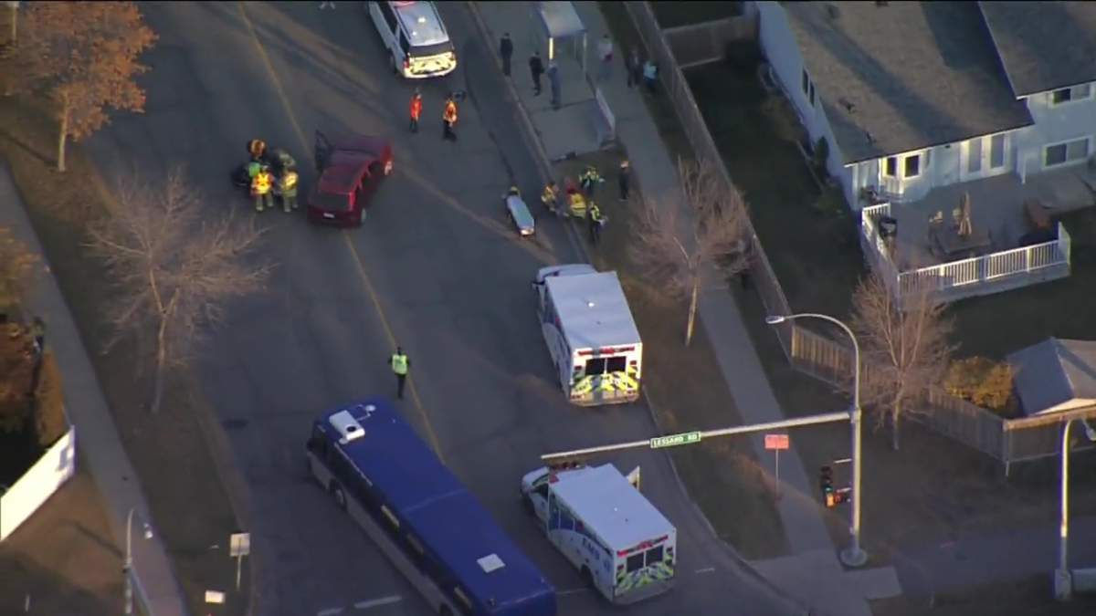 An Edmonton Transit Service bus and a Jeep collided at the intersection of 57 Avenue and Lessard Road in west Edmonton on Monday, Oct. 17, 2022.
