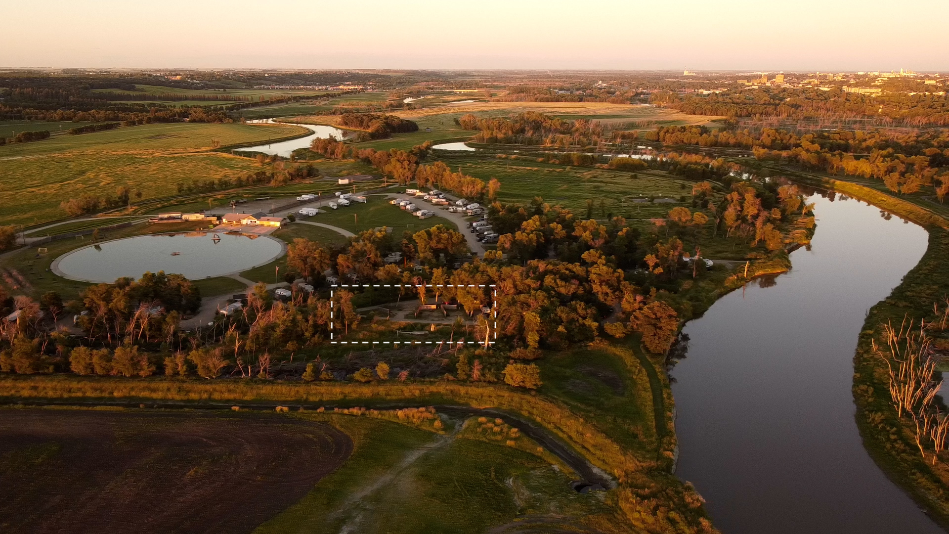An aerial view of Turtle Crossing shows the approximate location of the 56 suspected unmarked graves.
