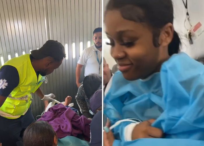 A split photo of Kendra Rhoden after giving birth on a plane. In the left image, she is laying in a stretcher. On the right, she is in a wheelchair, holding her swaddled newborn.
