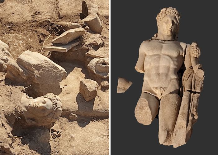 A split photo of the unearthed Hercules statue. On the left, the Hercules head is seen among the ruins. On the right, pieces of the Hercules statue are arranged to form most of the statue.