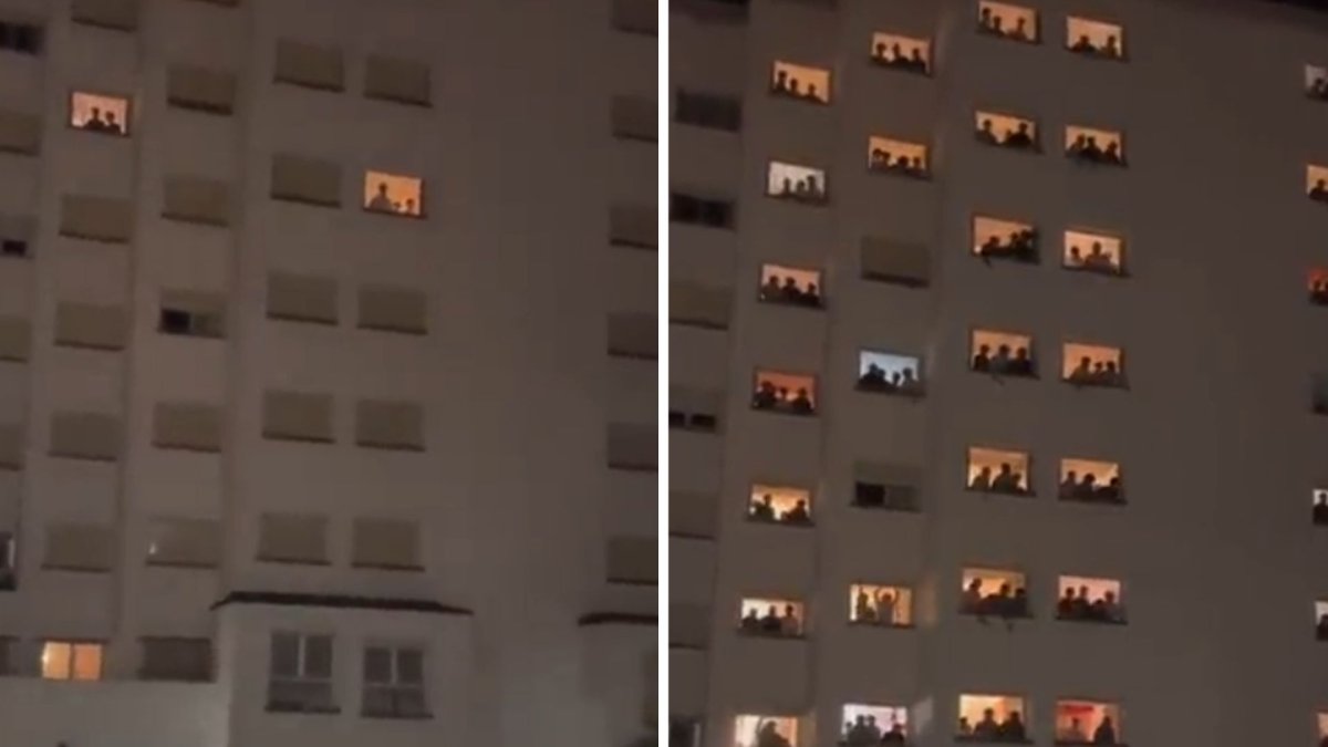 A split photo showing two stills from of the building from the video of students at an all-male college in Spain.