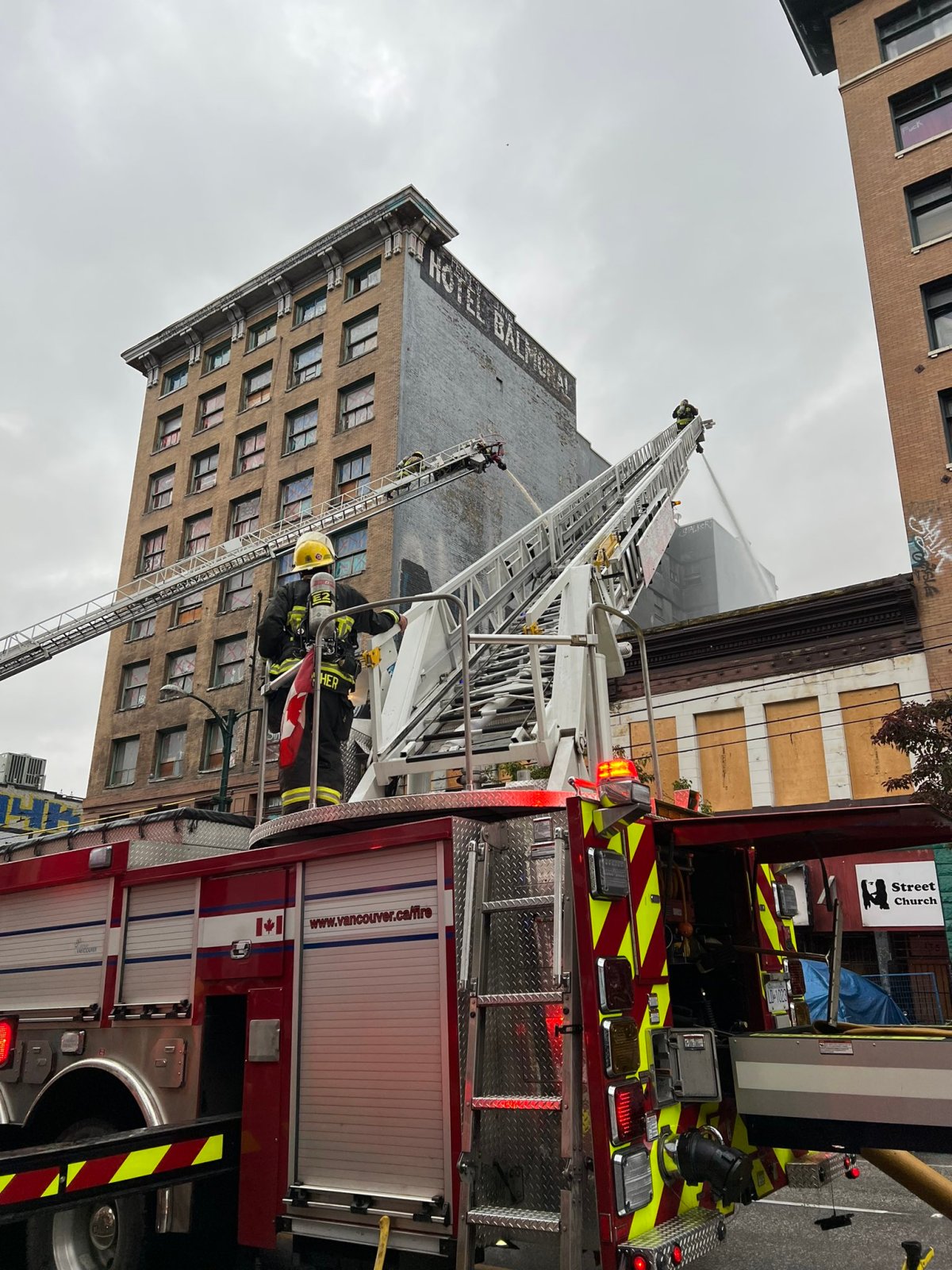 Crews attend to a two-alarm fire at the shuttered Street Church on East Hastings Street on Tuesday, Oct. 25, 2022.