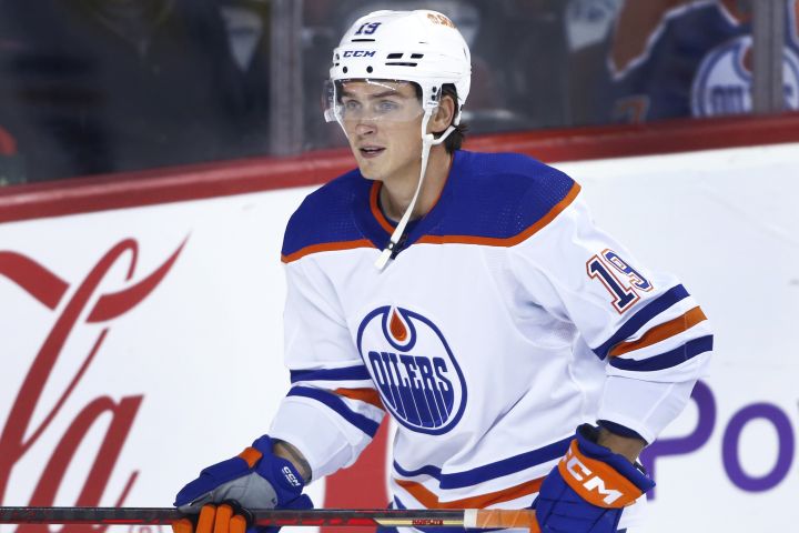 NHL profile photo on Edmonton Oilers player Jake Virtanen at a game against the Calgary Flames in Calgary, Alta., on Sept. 28, 2022.