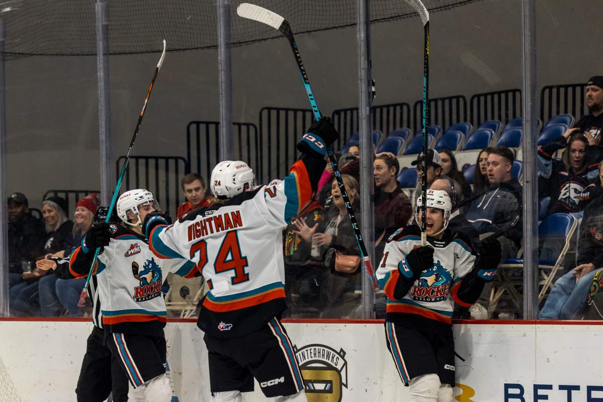 The Kelowna Rockets celebrate Nolan Flamand's game-tying goal late in the third period of Friday's game in Portland.
