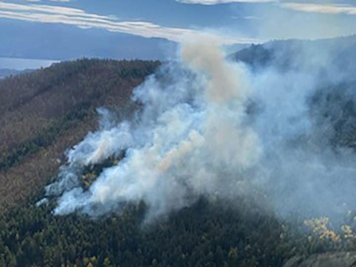 Smoke rises from the McDougall Creek wildfire, which is burning around five km north of West Kelowna.