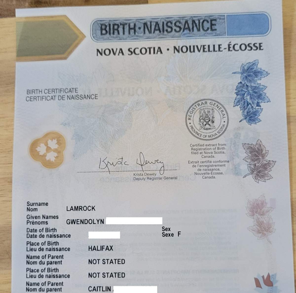 Vital Statistics has refused to put Stacey Lamrock’s name on Gwendolyn’s birth certificate, instead saying the second parent is ‘not stated’