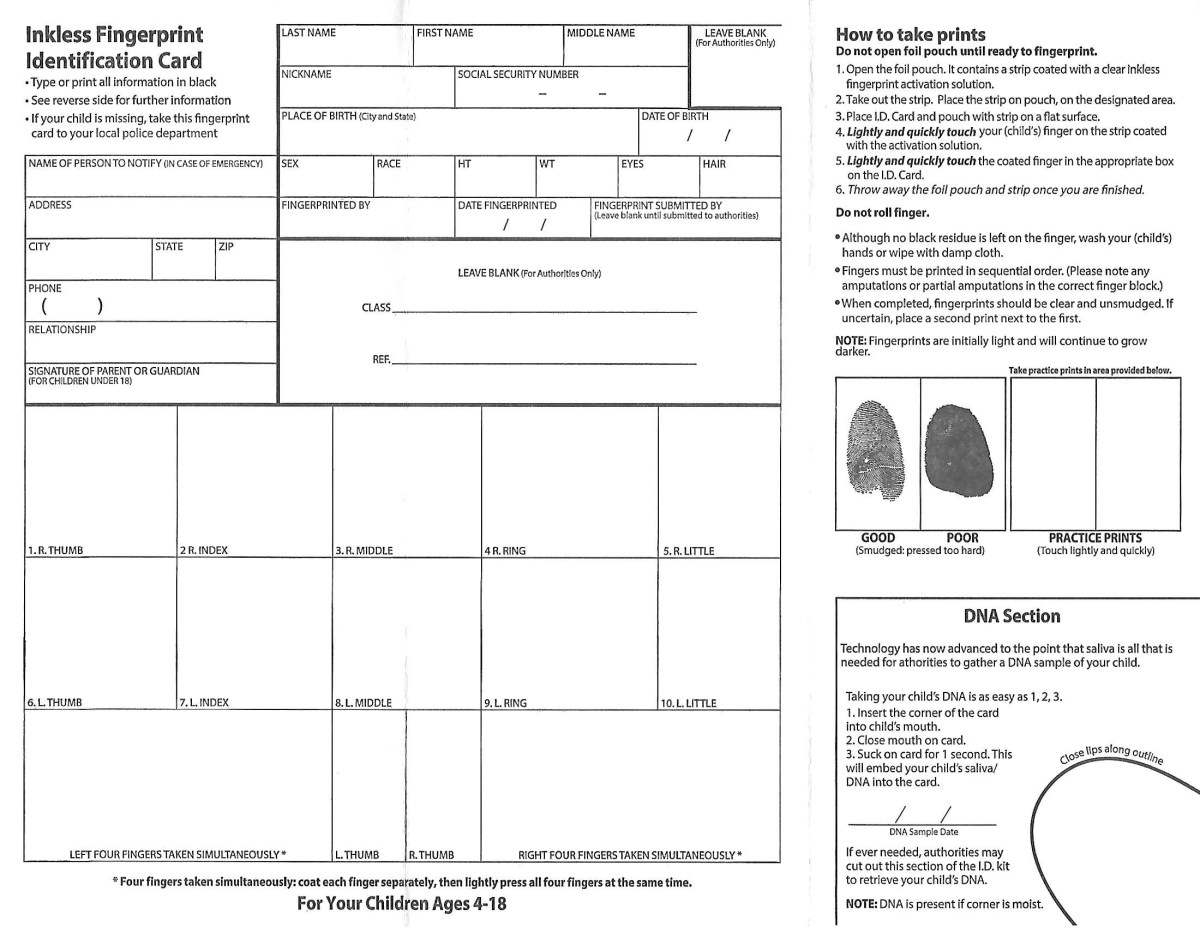 The back panels of the three-fold pamphlet DNA and fingerprinting test kit.