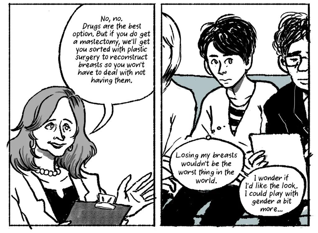 This excerpt from Kimiko Does Cancer shows a doctor assuring Kimiko that if, she gets a mastectomy, they will organize for her to get her breasts reconstructed. tor assurs Kimiko that if she gets a mastectomy that they will organize for her to get her breasts reconstructed.