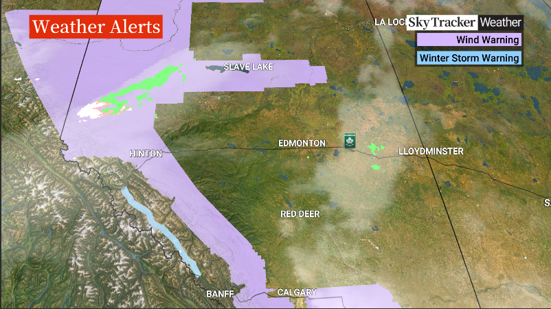 Wind and winter storm warnings in Alberta on Oct. 27, 2022.