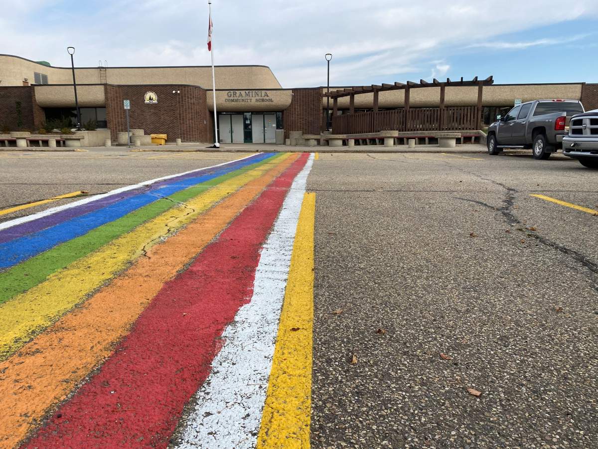 Parkland RCMP are investigating after a severed pig's head was left in the centre of a Pride crosswalk at Graminia School Sunday, Oct. 16, 2022.