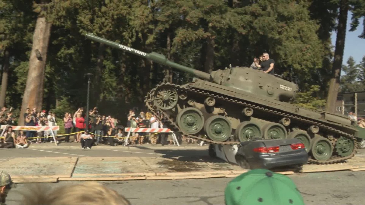 A tank was seen driving over a car in Hope on Saturday.