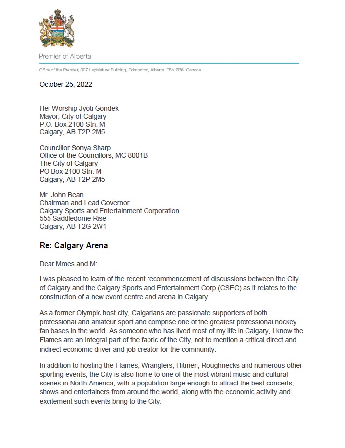 A letter from Alberta Premier Danielle Smith to Calgary's mayor, the chair of Calgary Sports and Entertainment Corp., and the chair of the city's event centre committee naming Ric McIver the province's representative.