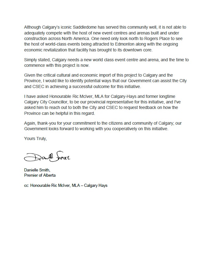 A letter from Alberta Premier Danielle Smith to Calgary's mayor, the chair of Calgary Sports and Entertainment Corp., and the chair of the city's event centre committee naming Ric McIver the province's representative.